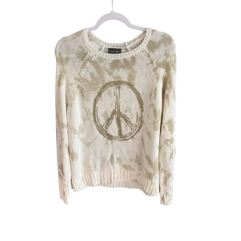 Wooded Ships Womens Beige Tie-Dye Peace Sign Raglan Pullover Sweater Size Medium